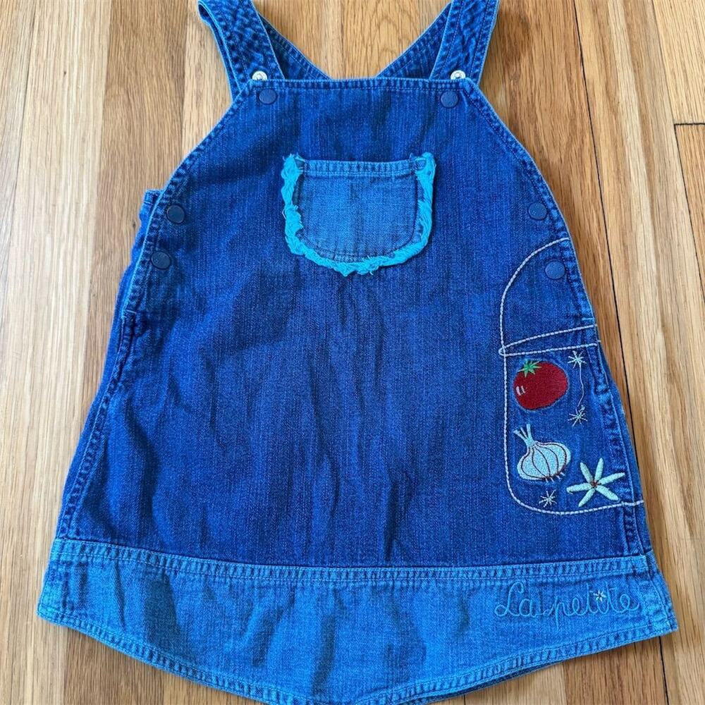 VTG Mon Petit Jardin Vintage Denim Shift Dress Sz 18-24 Embroidered Vegetables